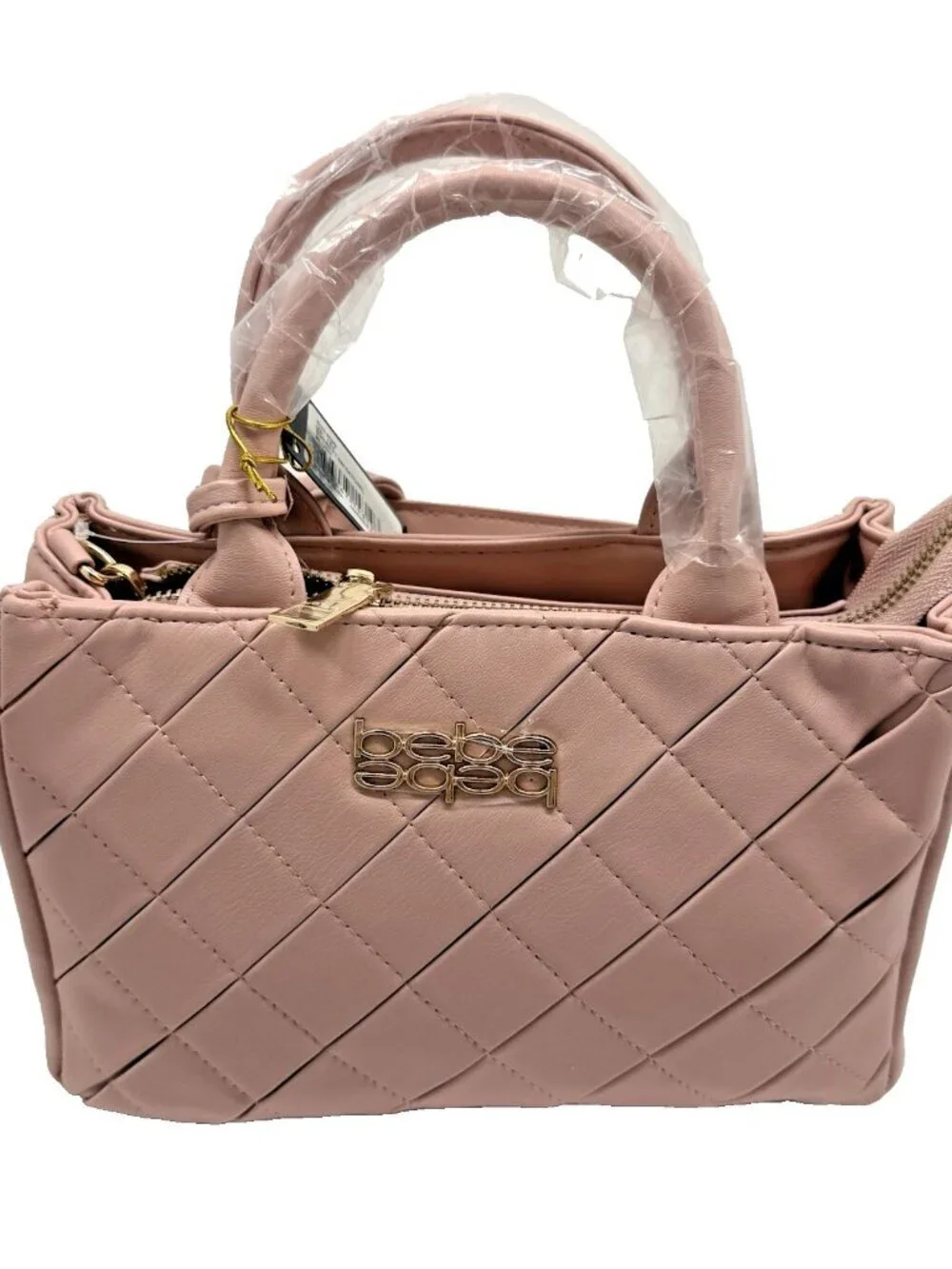 Bebe Everett Small Blush Quilted Satchel Crossbody Gold Chain Bag NWT Chic Work